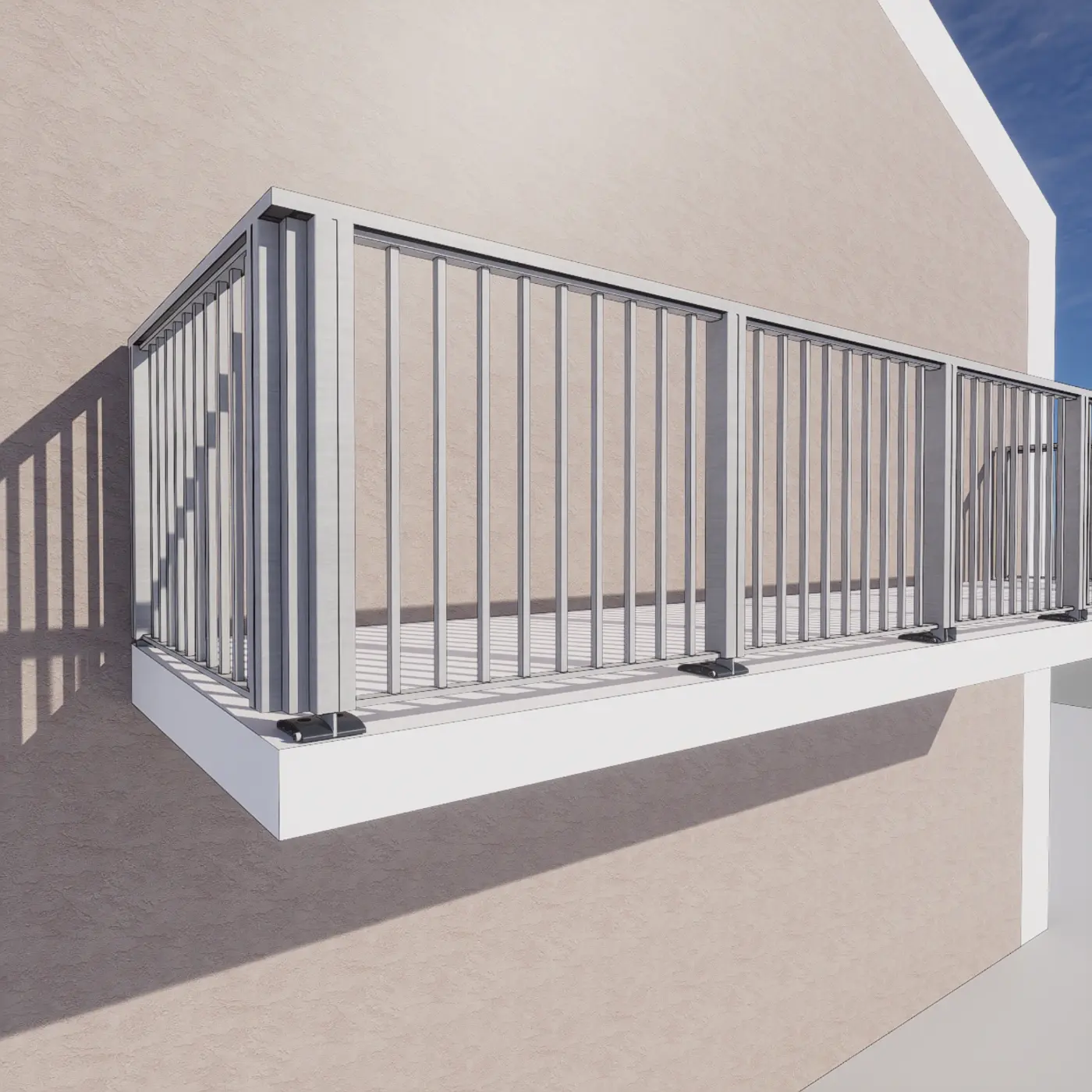Aluminium-Balkon Aktionsmodell A500 P4 in Alu Natur mit elegantem Palisaden-Geländer – Brenter Balkone.