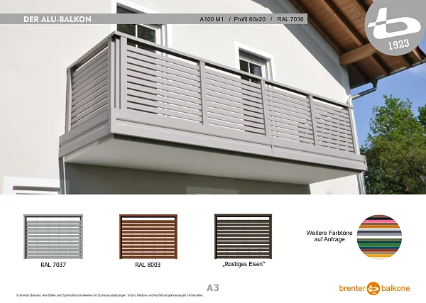 Alu-Balkongeländer A100 M1, Profil 60x20, RAL 7036 Platingrau – Brenter Balkone Katalog Seite 3