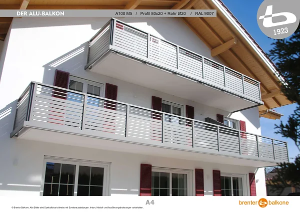 Alu-Balkongeländer A100 M5, Profil 80x20 + Rohr Ø20, RAL 9007 Graualuminium – Brenter Balkone Katalog Seite 4