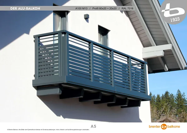 Alu-Balkongeländer A100 M13, Profil 60x20 + 20x20, RAL 7016 Anthrazitgrau – Brenter Balkone Katalog Seite 5