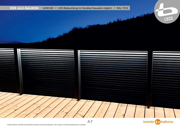 Alu-Balkongeländer A200 M3, Profil 20x40, RAL 7016 Anthrazitgrau – Brenter Balkone Katalog Seite 7