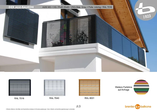 Alu-Balkongeländer A200 M3 + VG, Profil 20x40, RAL 7016 Anthrazitgrau – Brenter Balkone Katalog Seite 9