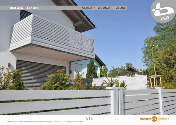 Alu-Balkongeländer A200 M2, Profil 60x20, RAL 9006 Weißaluminium – Brenter Balkone Katalog Seite 11