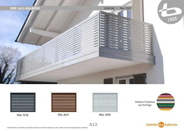 Alu-Balkongeländer A200 M2, Profil 60x20, RAL 7037 Staubgrau – Brenter Balkone Katalog Seite 12