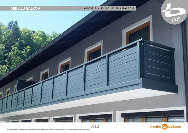 Alu-Balkongeländer A100 M17, Profil 2x 80x20, RAL 7016 Anthrazitgrau – Brenter Balkone Katalog Seite 13