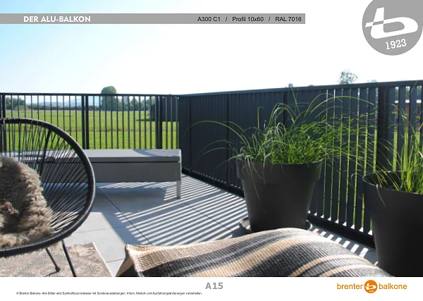 Alu-Balkongeländer A300 C1, Profil 10x60, RAL 7016 Anthrazitgrau – Brenter Balkone Katalog Seite 15