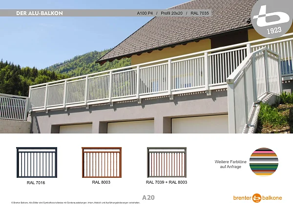Alu-Balkongeländer A100 P4, Profil 20x20, RAL 7035 Lichtgrau – Brenter Balkone Katalog Seite 20