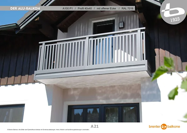 Alu-Balkongeländer A100 P1, Profil 40x40, RAL 7016 Anthrazitgrau – Brenter Balkone Katalog Seite 21