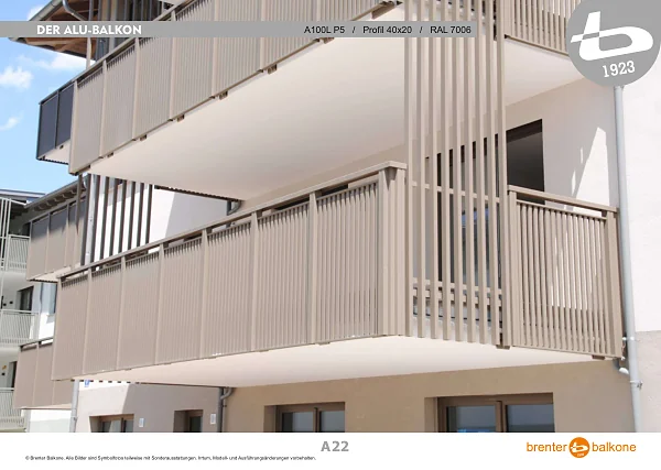 Alu-Balkongeländer A100L P5, Profil 40x20, RAL 7006 Beigegrau – Brenter Balkone Katalog Seite 22