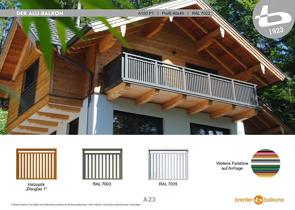 Alu-Balkongeländer A100 P1, Profil 40x40, RAL 7022 Umbragrau – Brenter Balkone Katalog Seite 23