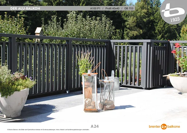 Alu-Balkongeländer A100 P1, Profil 40x40, DB-Eisenglimmer 703 – Brenter Balkone Katalog Seite 24