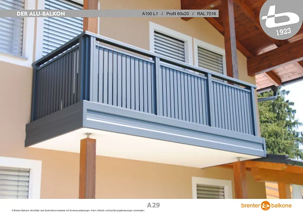 Alu-Balkongeländer A100 L1, Profil 60x20, RAL 7016 Anthrazitgrau – Brenter Balkone Katalog Seite 29