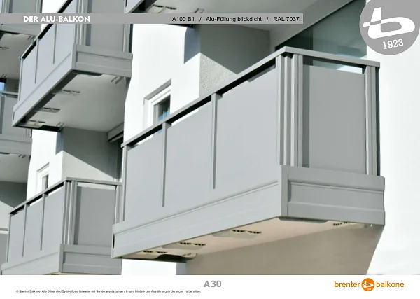 Alu-Balkongeländer A100 B1, RAL 7037 Staubgrau – Brenter Balkone Katalog Seite 30