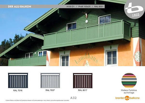 Alu-Balkongeländer A100 D1, Profil 100x20, RAL 6001 Smaragdgrün – Brenter Balkone Katalog Seite 32