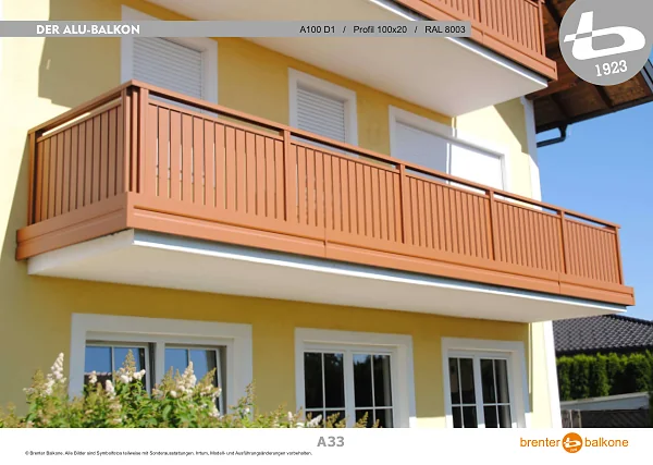 Alu-Balkongeländer A100 D1, Profil 100x20, RAL 8003 Lehmbraun – Brenter Balkone Katalog Seite 33