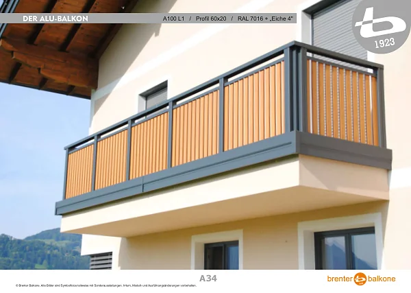 Alu-Balkongeländer A100 L1, Profil 60x20, RAL 7016 Anthrazitgrau + Eiche 4 – Brenter Balkone Katalog Seite 34