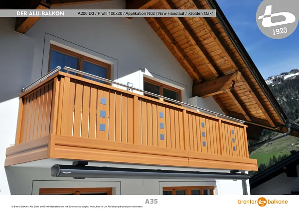 Alu-Balkongeländer A200 D3, Profil 100x20, Golden Oak – Brenter Balkone Katalog Seite 35