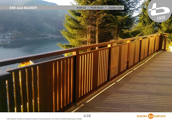 Alu-Balkongeländer A100 L6, Profil 60x20, Golden Oak – Brenter Balkone Katalog Seite 38