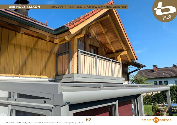 Holzbalkon A100 D1H, Profil 115x20, RAL 9007 Graualuminium + Lärche natur – Brenter Balkone Katalog Seite 7