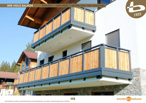 Holzbalkon A100 D1H, Profil 115x20, RAL 7016 Anthrazitgrau + Lärche natur – Brenter Balkone Katalog Seite 8