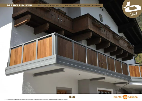 Holzbalkon A100 D1H, Profil 115x20, RAL 7037 Staubgrau + Karneolrot – Brenter Balkone Katalog Seite 10