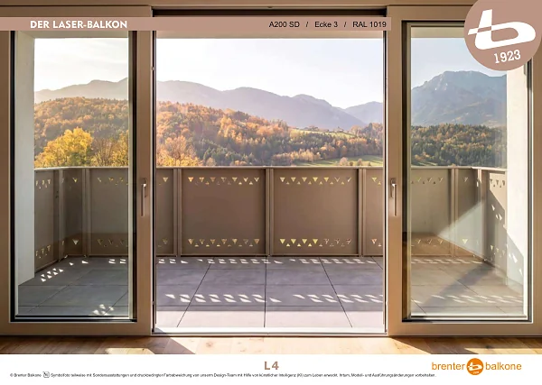 Balkongeländer mit Lasermotiv A200 SD, RAL 1019 Graubeige – Brenter Balkone Katalog Seite 4