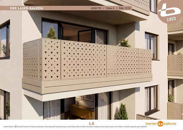 Balkongeländer mit Lasermotiv A300 FD, RAL 1015 Hellelfenbein – Brenter Balkone Katalog Seite 6