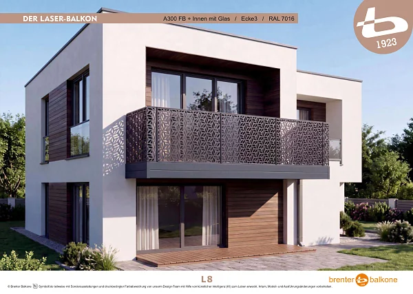 Balkongeländer mit Lasermotiv A300 FB, RAL 7016 Anthrazitgrau – Brenter Balkone Katalog Seite 8