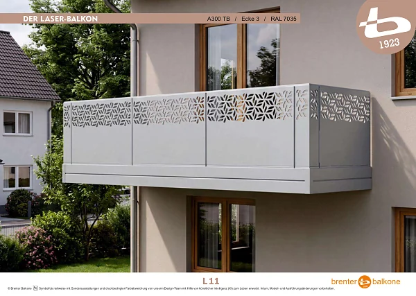 Balkongeländer mit Lasermotiv A300 TB, RAL 7035 Lichtgrau – Brenter Balkone Katalog Seite 11