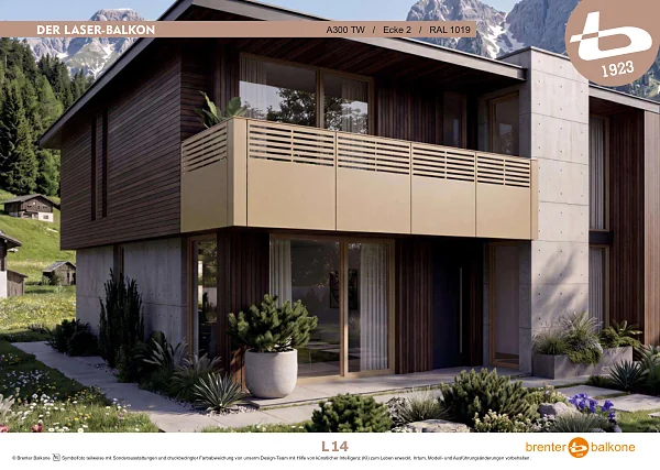 Balkongeländer mit Lasermotiv A300 TW, RAL 1019 Graubeige – Brenter Balkone Katalog Seite 14