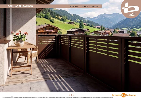 Balkongeländer mit Lasermotiv A300 TW, RAL 8017 Schokoladenbraun – Brenter Balkone Katalog Seite 15