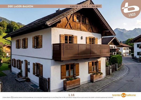 Balkongeländer mit Lasermotiv A300 TD, RAL 8017 Schokoladenbraun – Brenter Balkone Katalog Seite 16