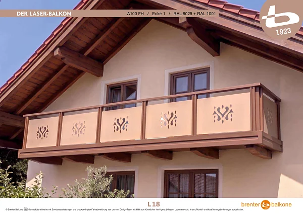 Balkongeländer mit Lasermotiv A100 FH, RAL 8025 Blassbraun + RAL 1001 Beige – Brenter Balkone Katalog Seite 18