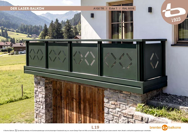 Balkongeländer mit Lasermotiv A100 TR, RAL 6009 Tannengrün – Brenter Balkone Katalog Seite 19