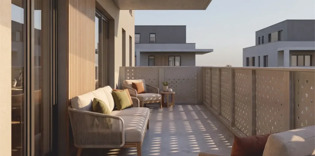 Ein modern gestalteter Balkon an einem sonnigen Tag. Im Vordergrund stehen ein beiges Sofa und ein Sessel mit grünen und braunen Kissen. Die komplett flächige Balkonbrüstung aus hellgrauem Metall zeigt ein filigranes, lasergeschnittenes geometrisches Muster, das ein markantes Schattenspiel auf den Boden wirft. Die Halterungen oder Pfosten der Brüstung sind von innen nicht sichtbar. Im Hintergrund befinden sich moderne Wohngebäude.