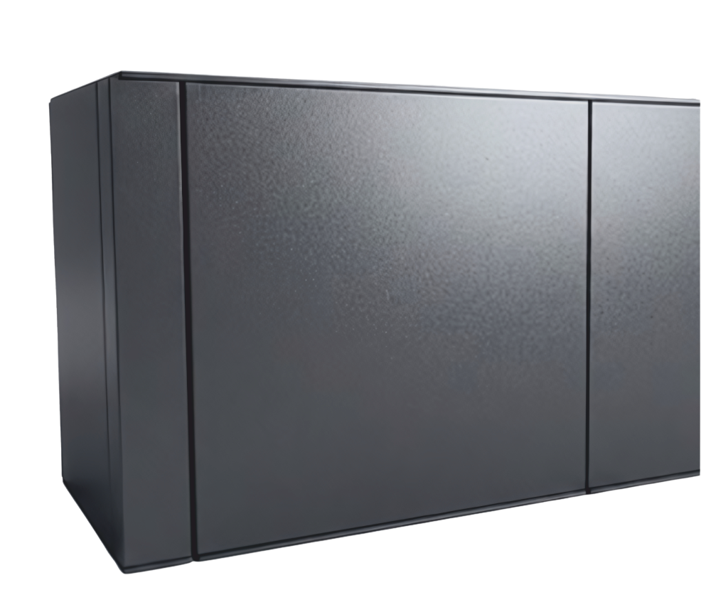 Dunkelgraues Balkongeländer-Modul "Pure" (Modell A300) mit einer glatten, nahtlos wirkenden Front, bei der die Pfosten komplett hinter der Verkleidung verdeckt sind.