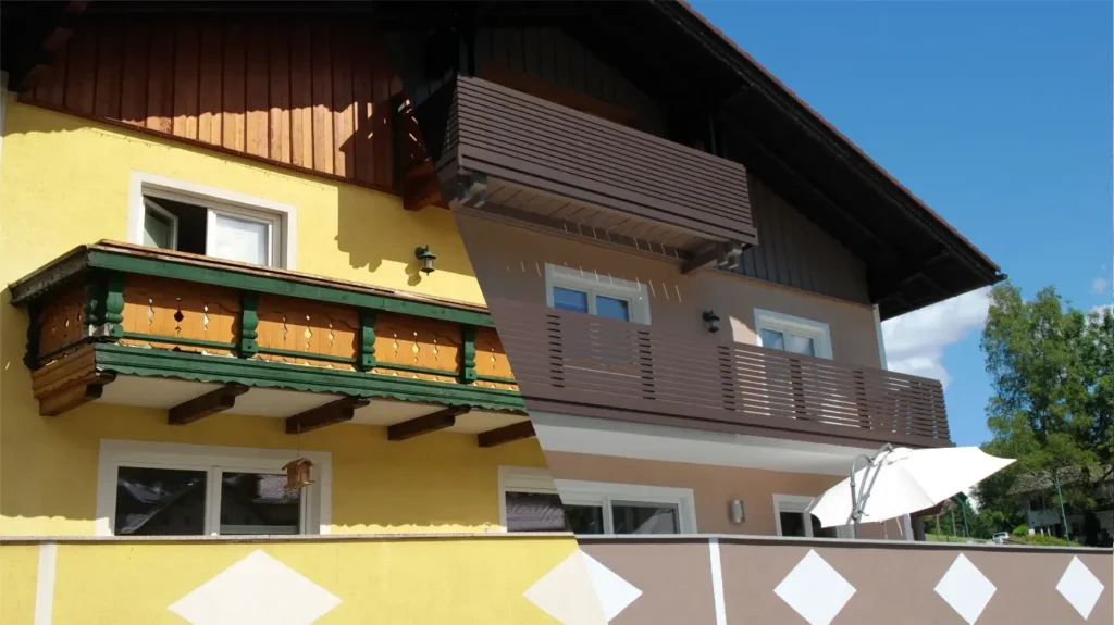 Vorher-Nachher-Vergleich einer Balkonsanierung mit modernem Aluminium-Geländer von Brenter Balkone.